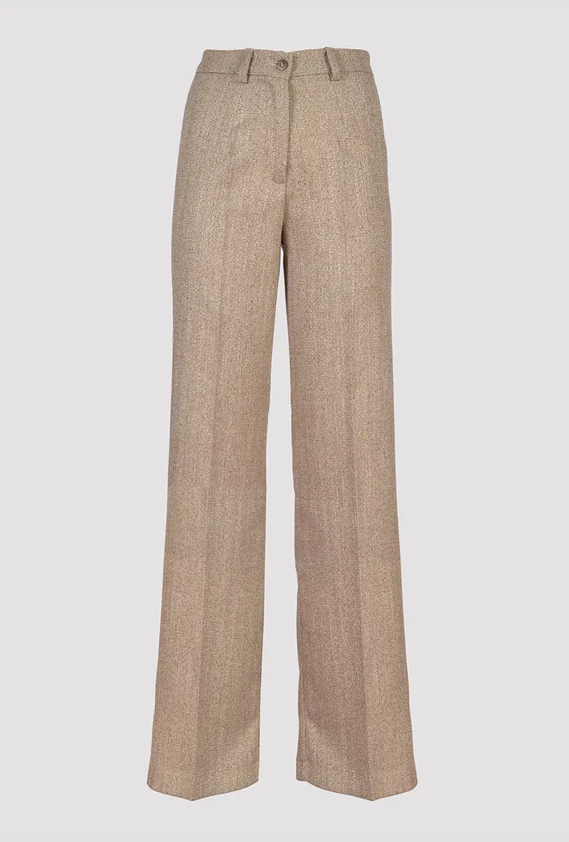 Beige Herringbone Palazzo Trousers front view