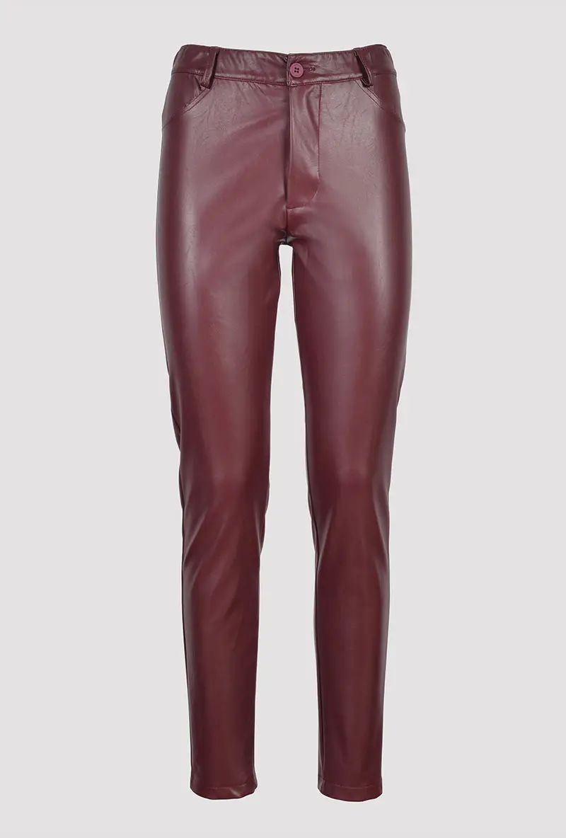 Bordeaux Skinny Fit Stretch Faux Leather Trousers front view